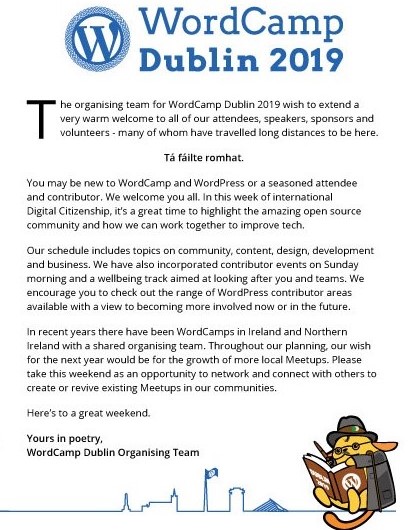Welcome text from WCDublin